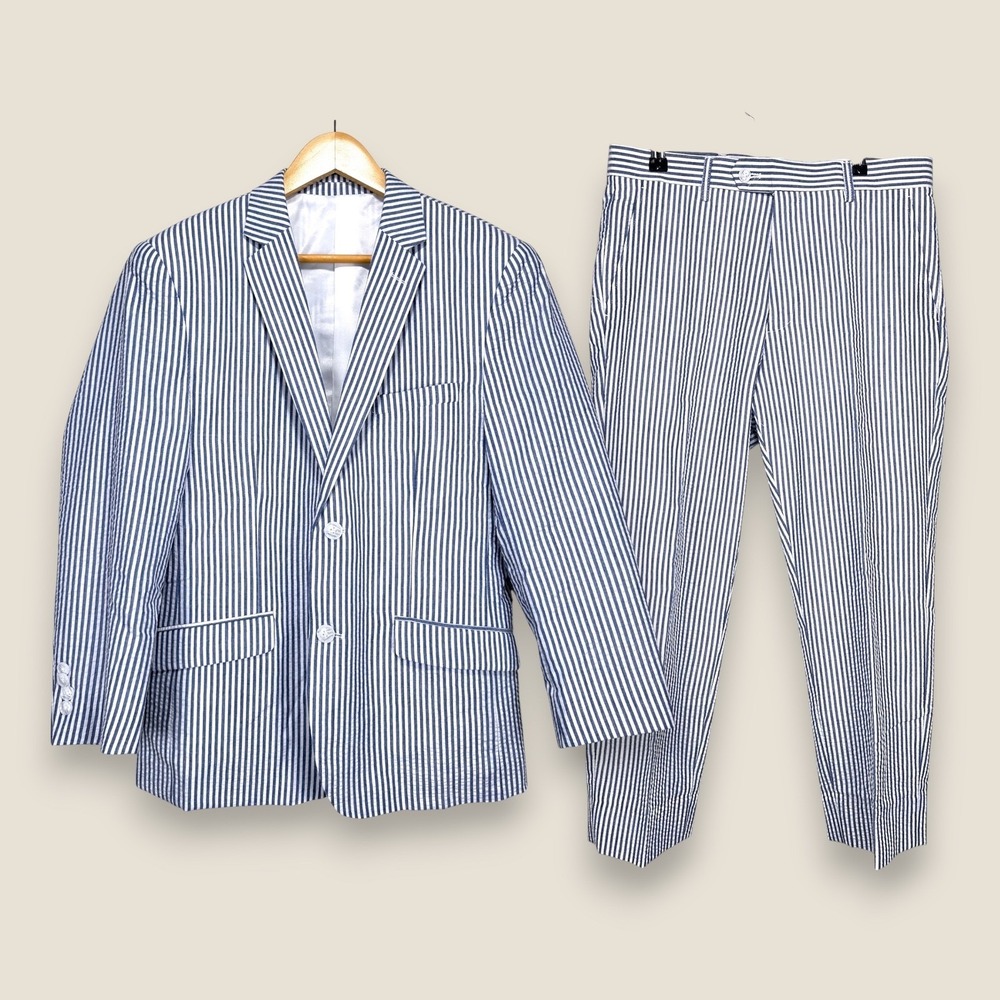 Alain Dupetit 2 Piece Suit Men 38S Slim Blue White Striped Cotton Blend 32x24